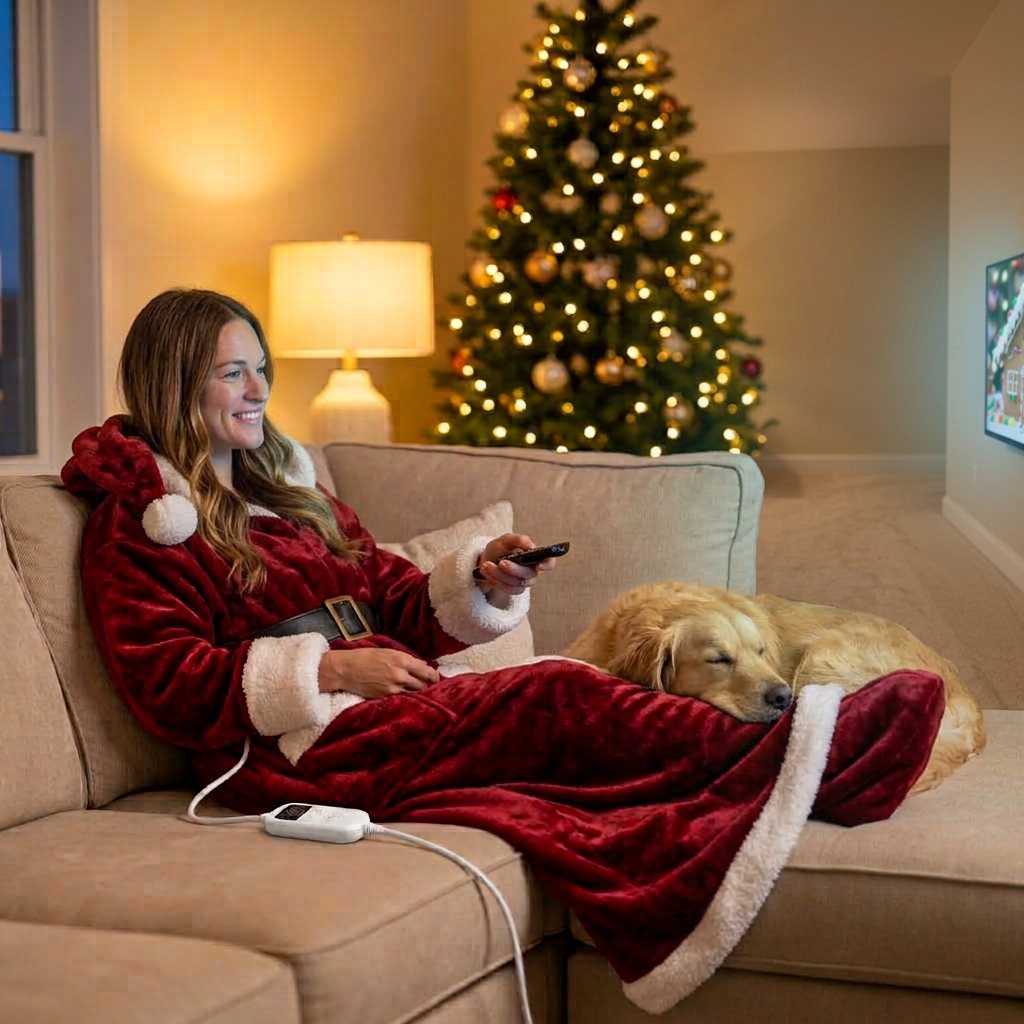Woman wearing the heated Christmas robe on the sofa with her golden retriever