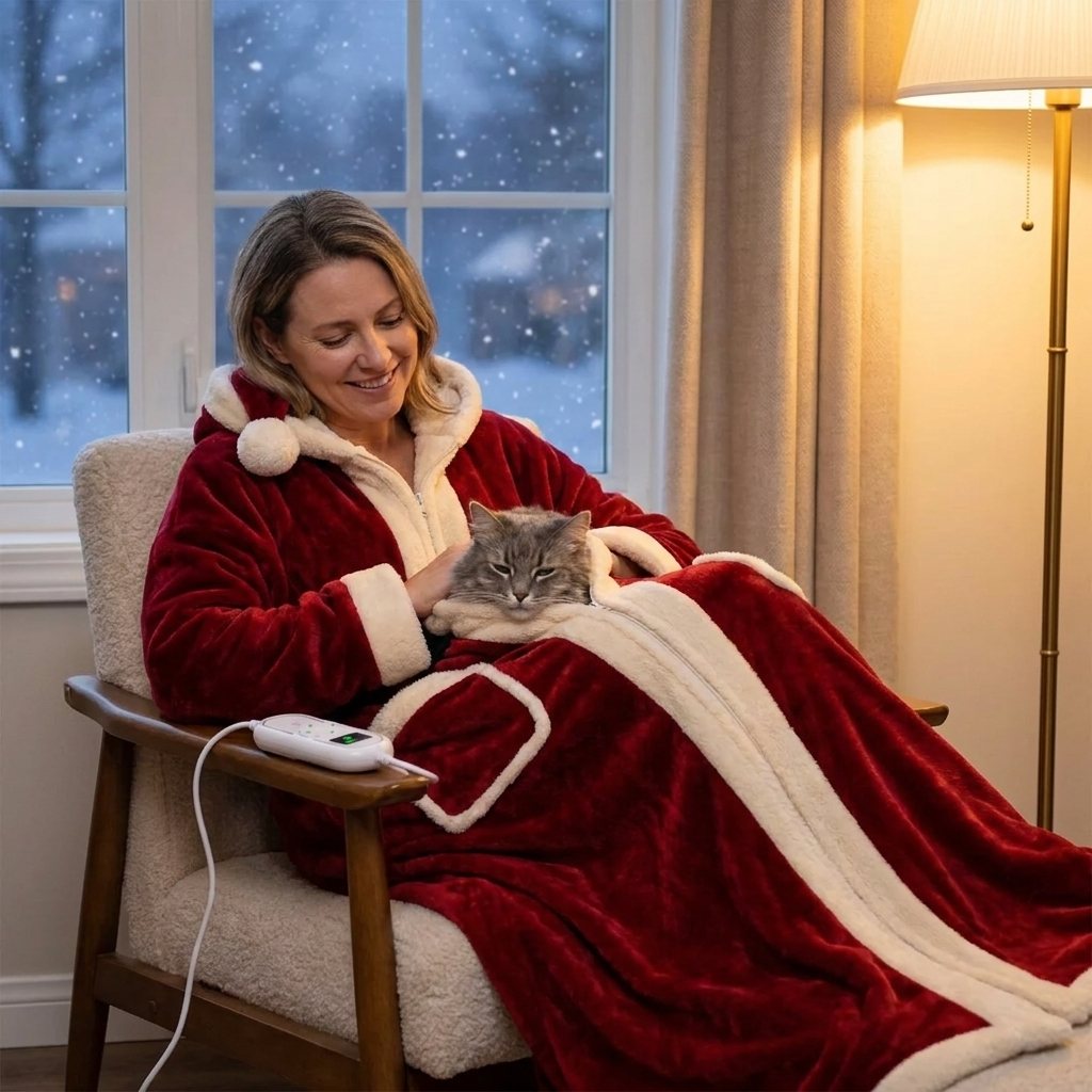 Woman in the heated robe petting her cat by a snowy window