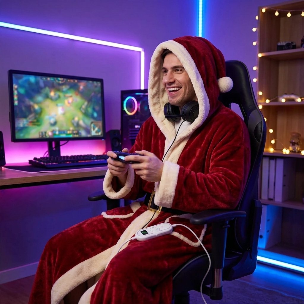 Man gaming comfortably in a hooded red heated robe