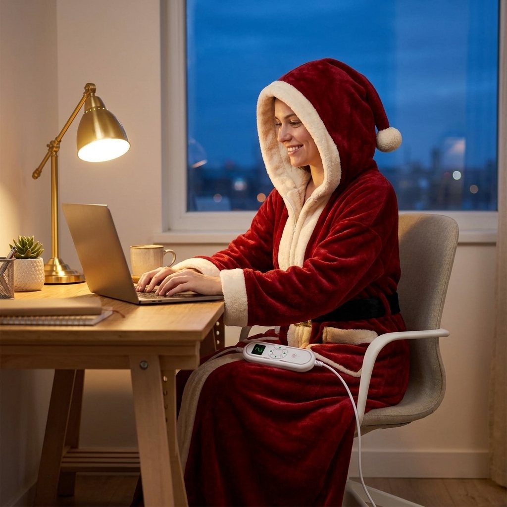 Woman typing on a laptop in the red hooded heated robe