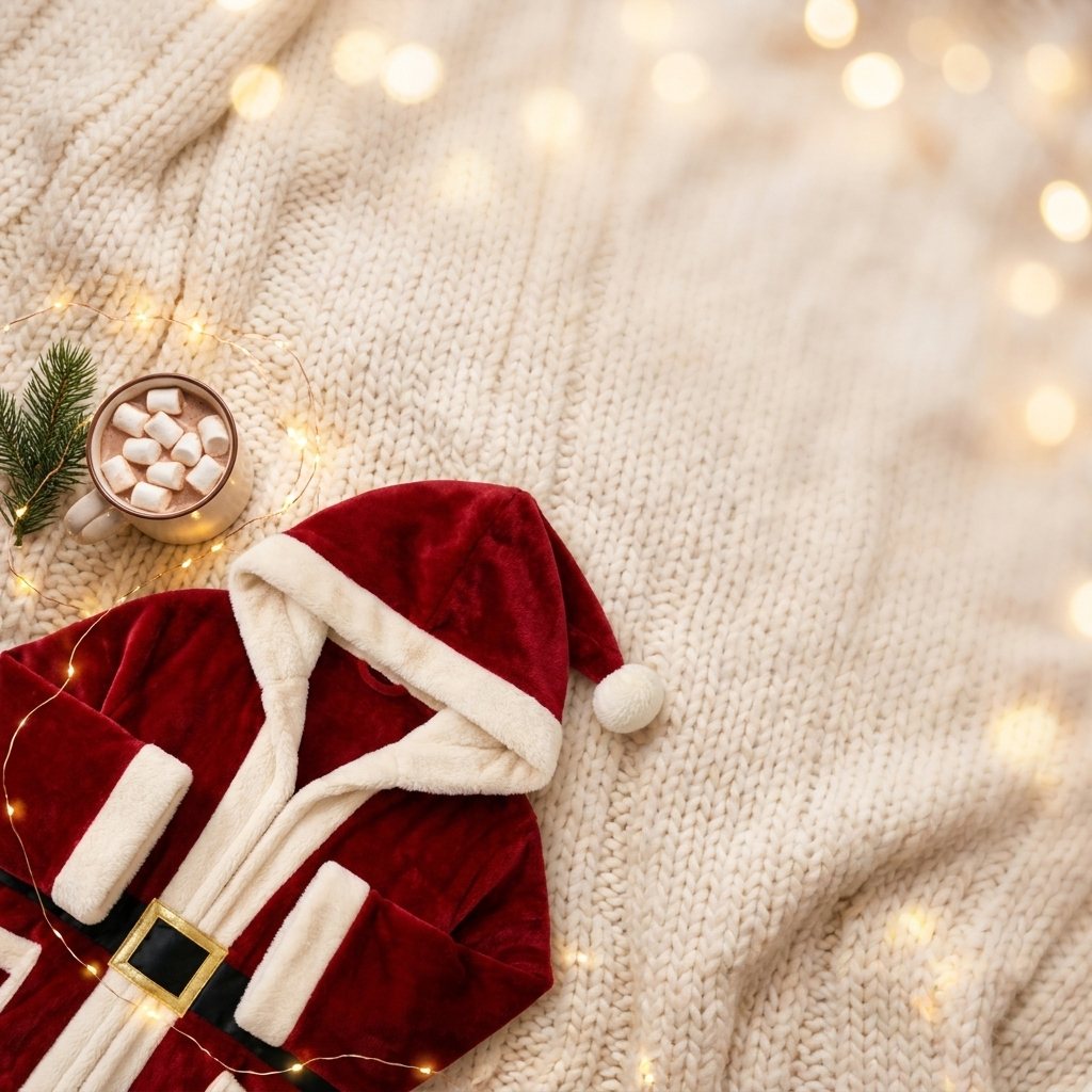 Heated robe flat lay with hot cocoa and Christmas lights