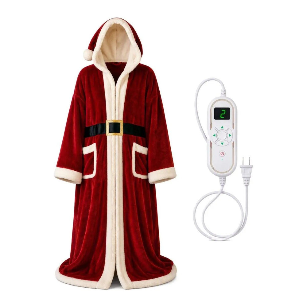 Red Santa-style Christmas heated robe with hood and digital heat controller on white background