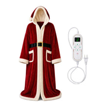 Red Santa-style Christmas heated robe with hood and digital heat controller on white background