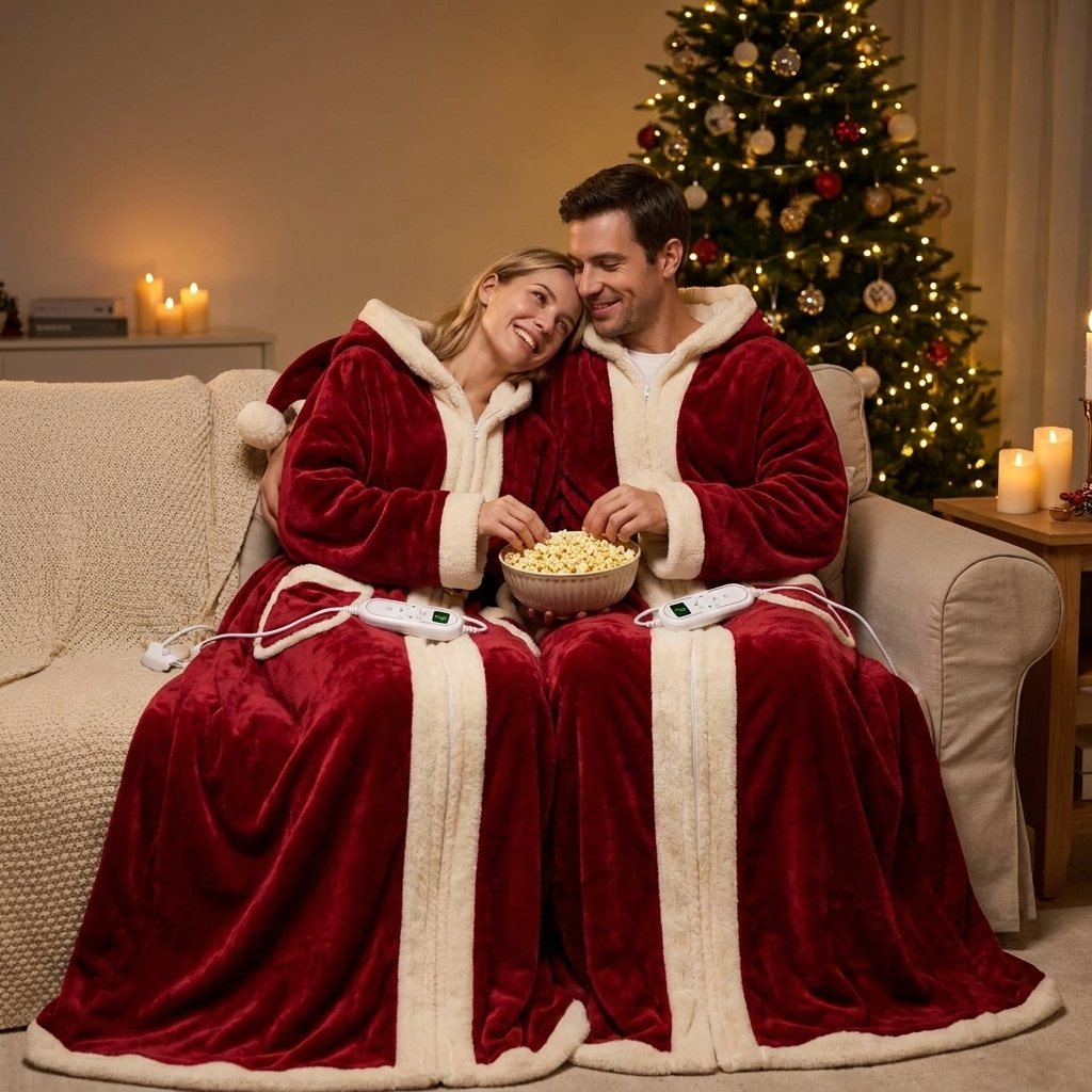 Couple wearing red Veloura heated Christmas robes by the tree