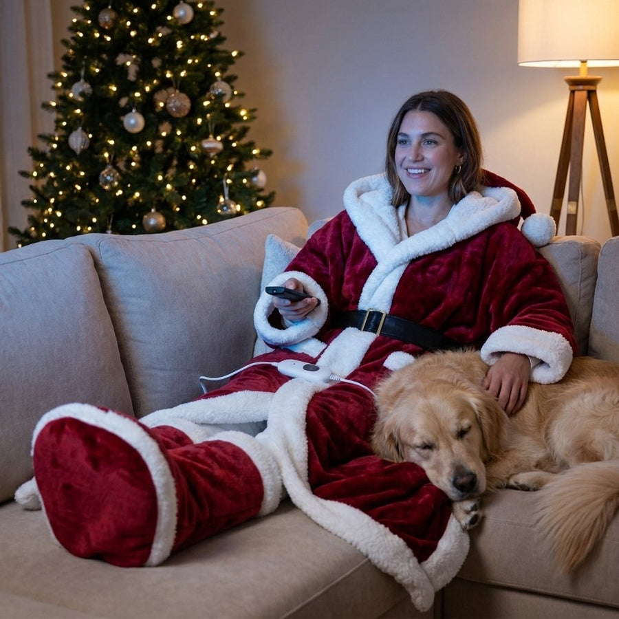 Woman relaxing in a red heated Santa robe in a cozy living room with a Christmas tree