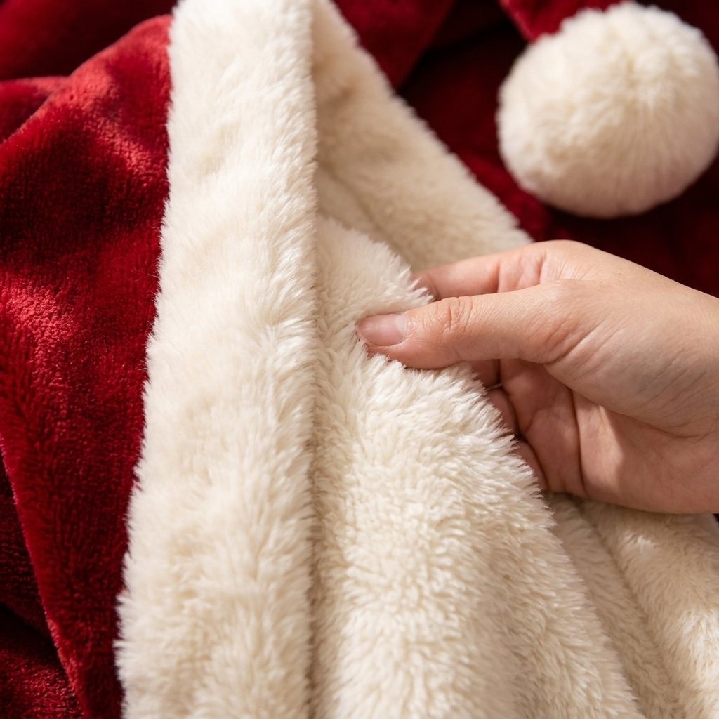 Close-up of the soft white sherpa lining and pom-pom hood of the heated robe