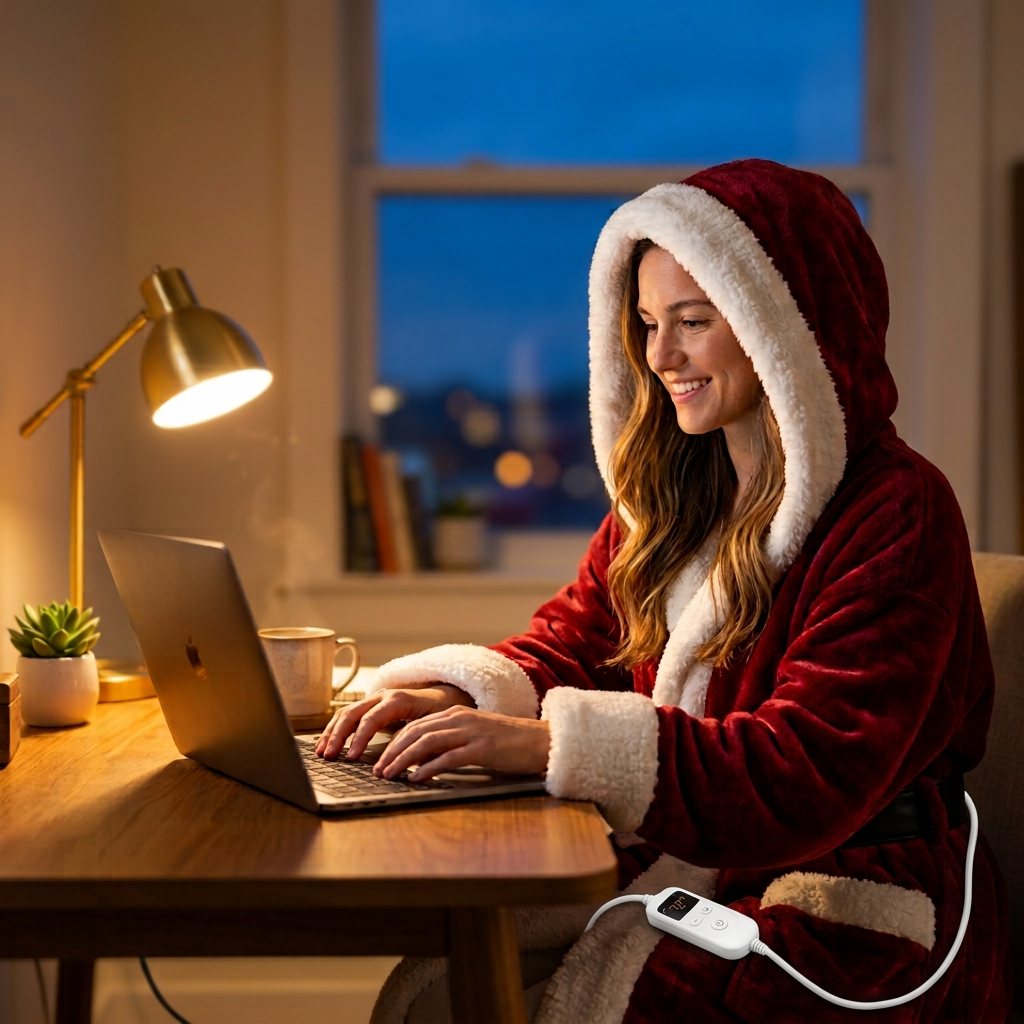 Woman working on a laptop in the hooded heated robe at home