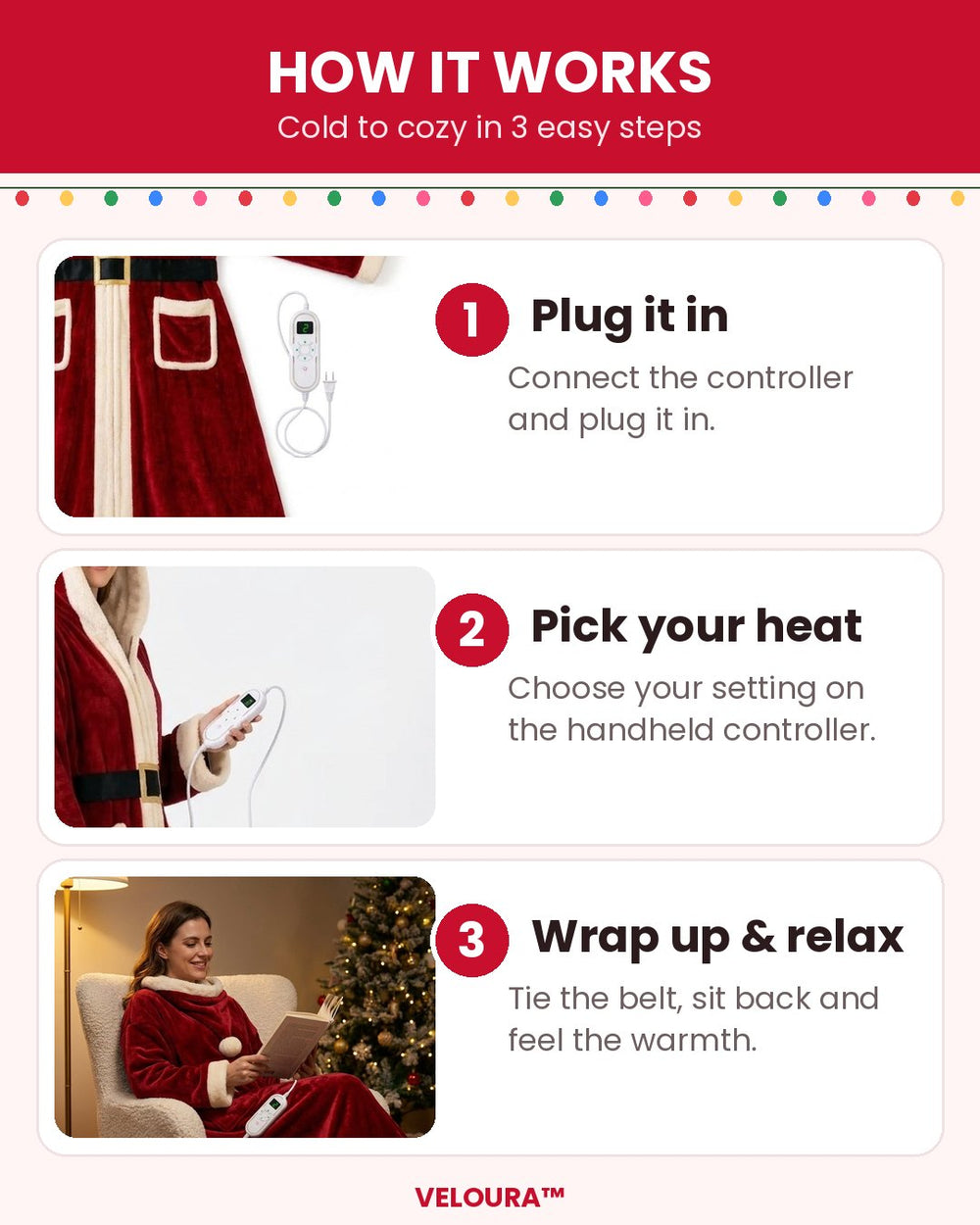 How the Veloura heated robe works in 3 steps: plug it in, pick your heat, wrap up and relax